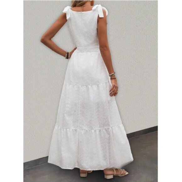 Eyelet Embroidery Shoulder Tie Ruffle Hem Dress White - Picture 3 of 7